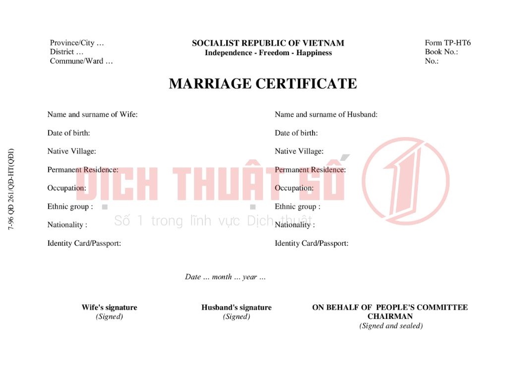 Bản dịch giấy chứng nhận kết hôn tiếng Anh Form TP/HT6-1996