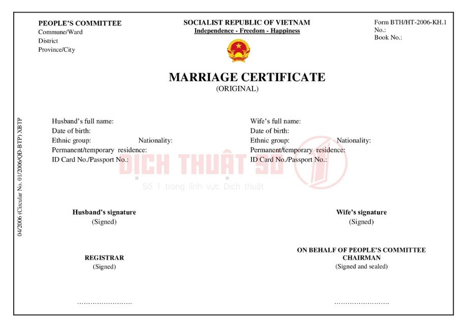 Dịch giấy đăng ký kết hôn sang tiếng Anh Form BTP/HT-2006 - bản chính