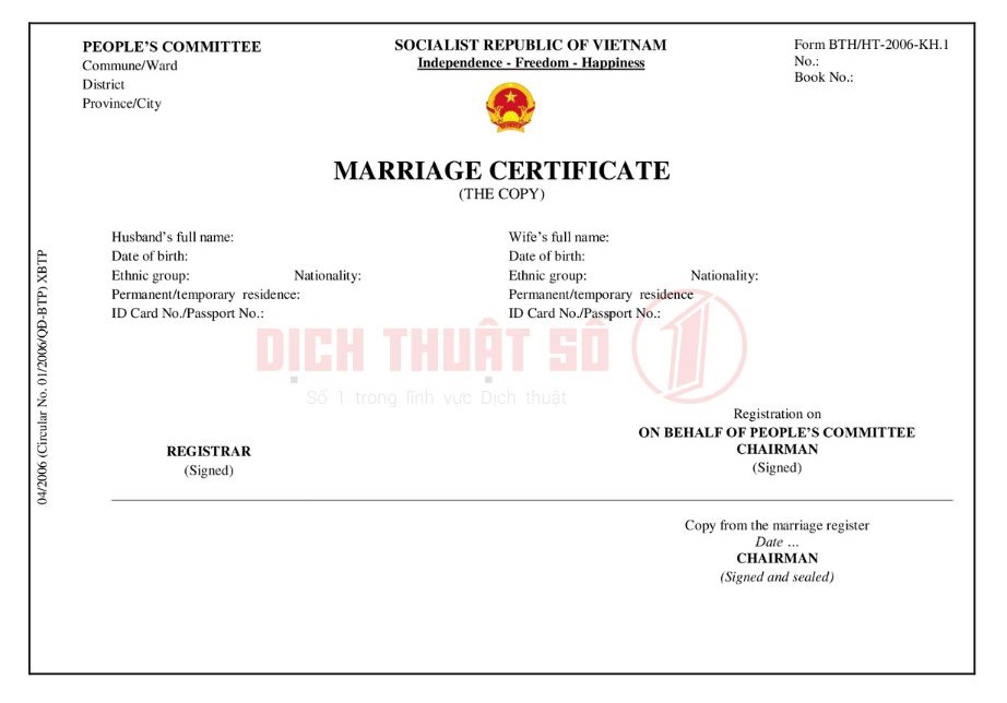 Dịch giấy đăng ký kết hôn sang tiếng Anh Form BTP/HT-2006 - bản sao