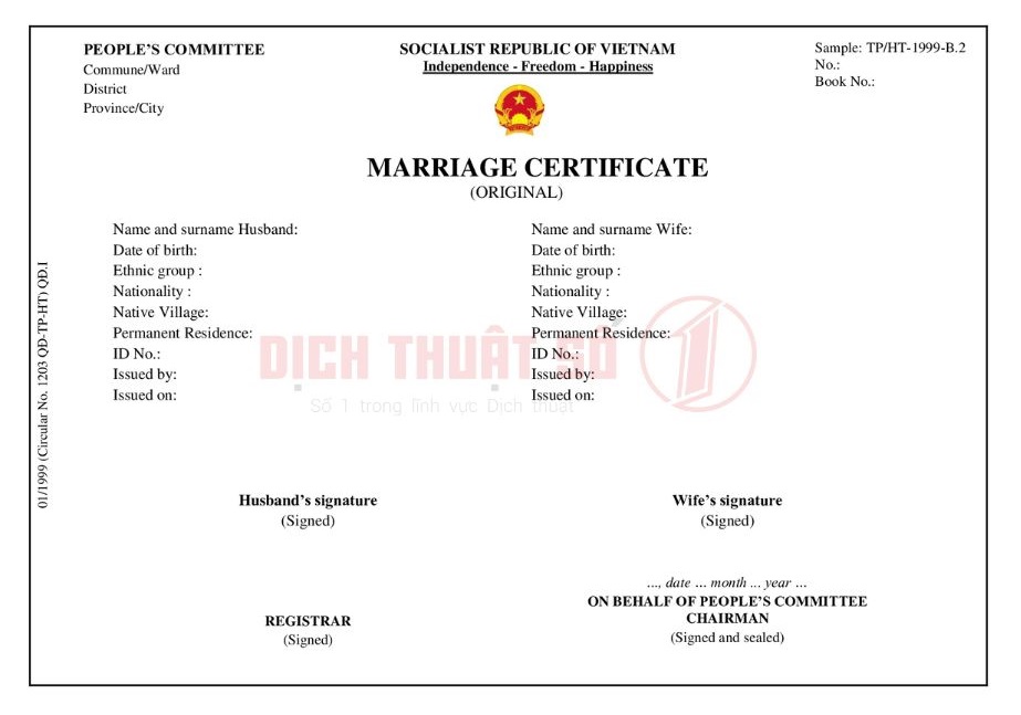 Bản dịch tiếng Anh giấy đăng ký kết hôn Form TP/HT-1999