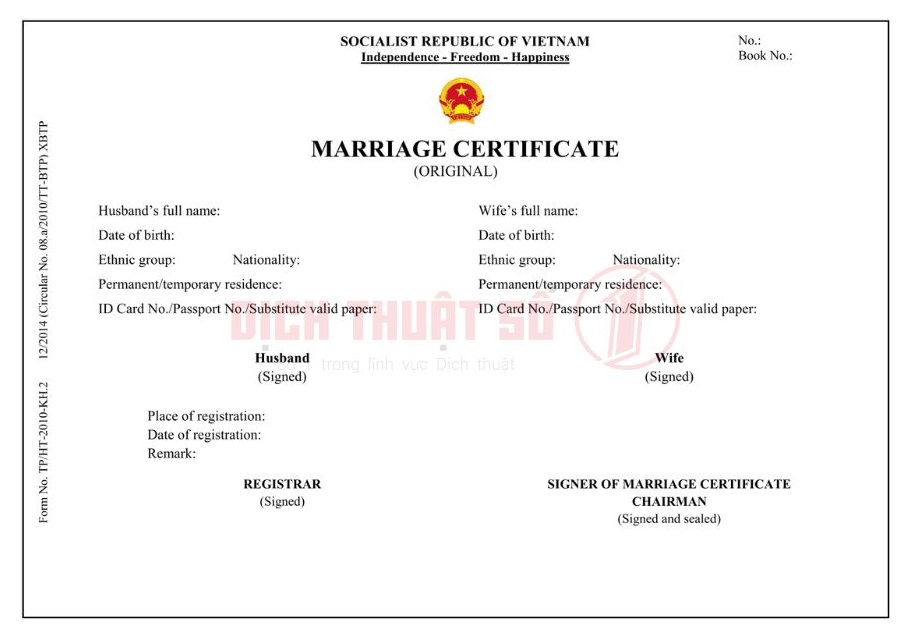 Mẫu giấy chứng nhận kết hôn tiếng Anh Form TP/HT-2010