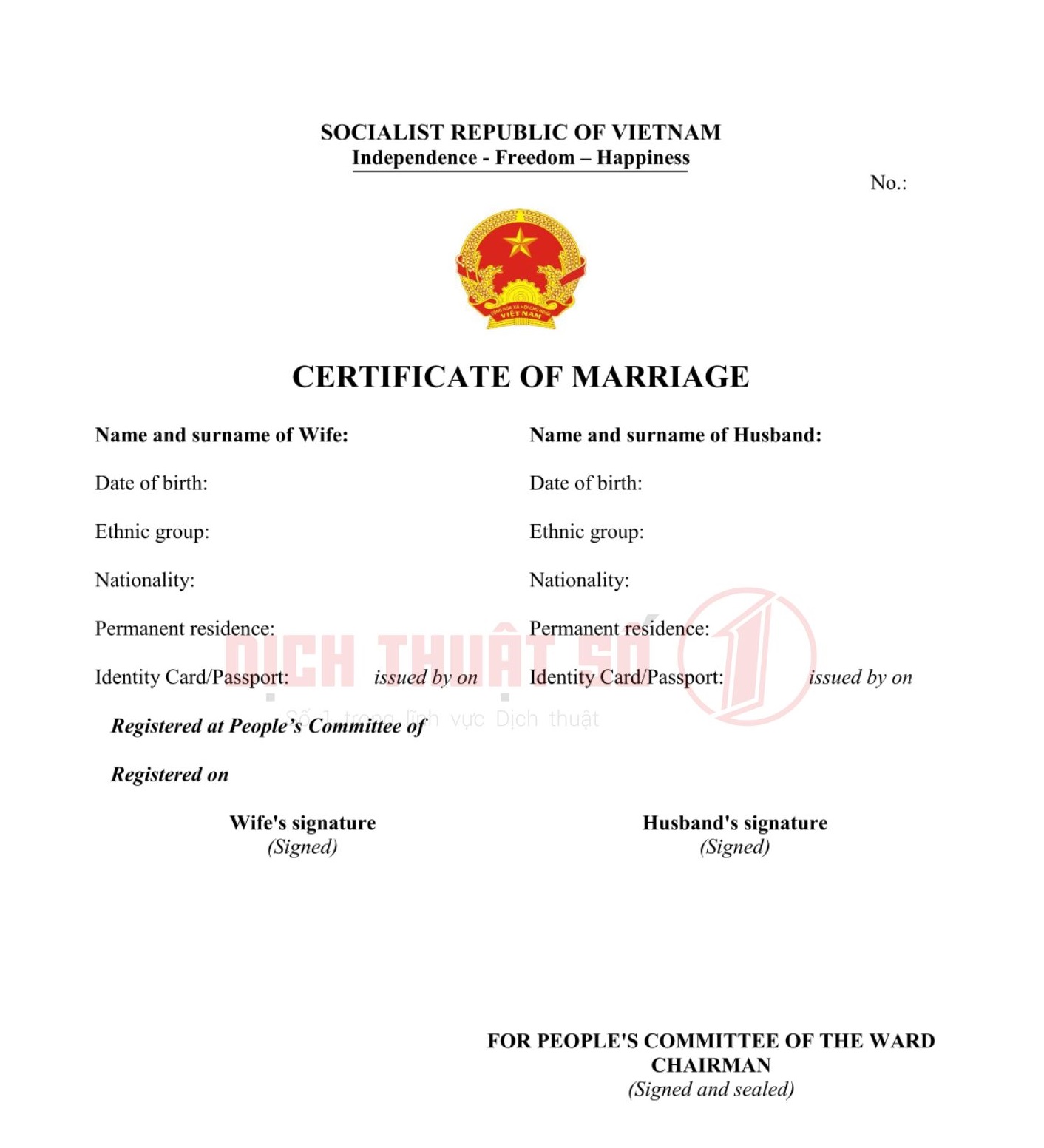 Mẫu giấy đăng ký kết hôn dịch sang tiếng Anh từ 2015 đến nay