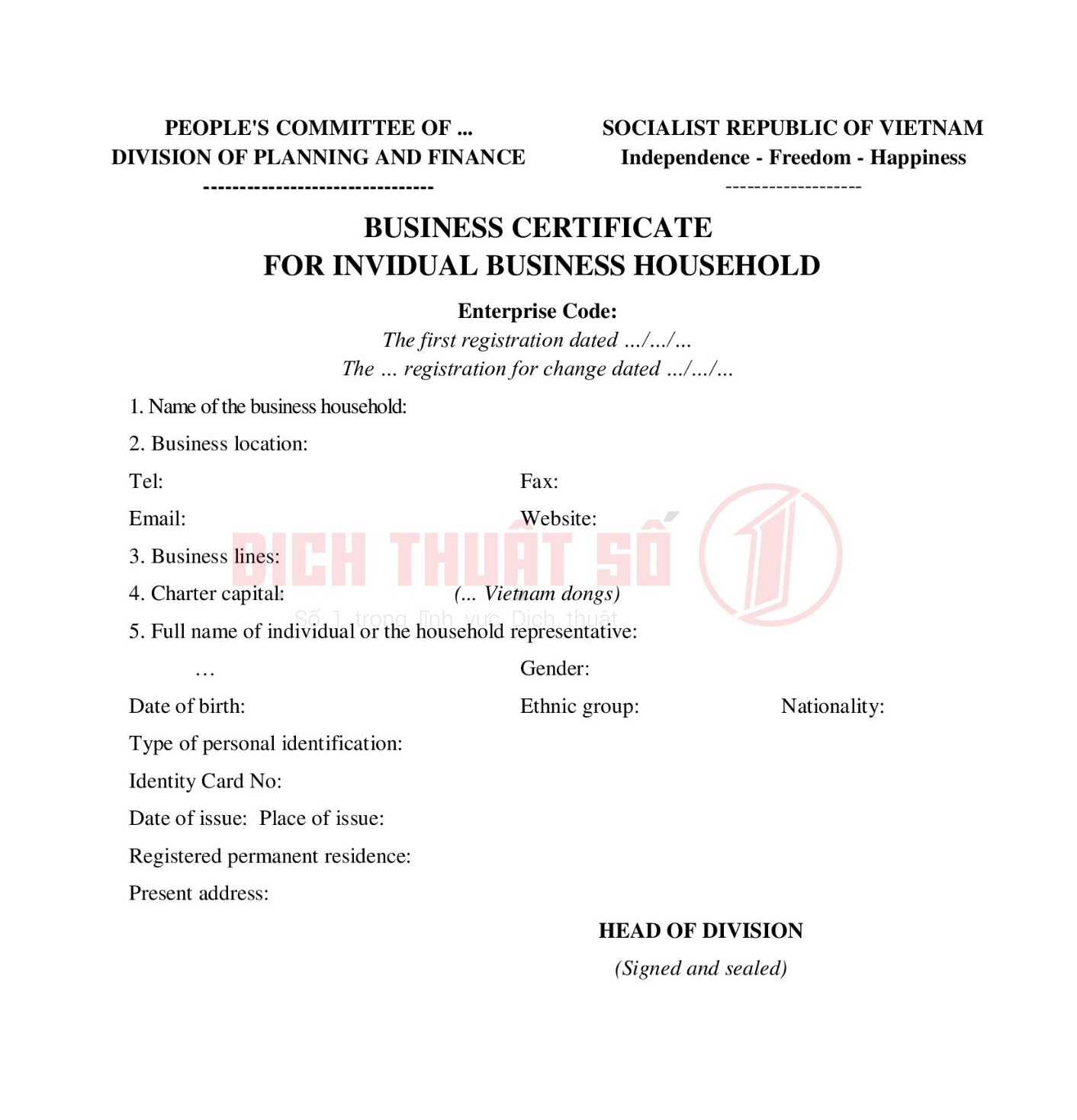 Mẫu giấy chứng nhận đăng ký hộ kinh doanh