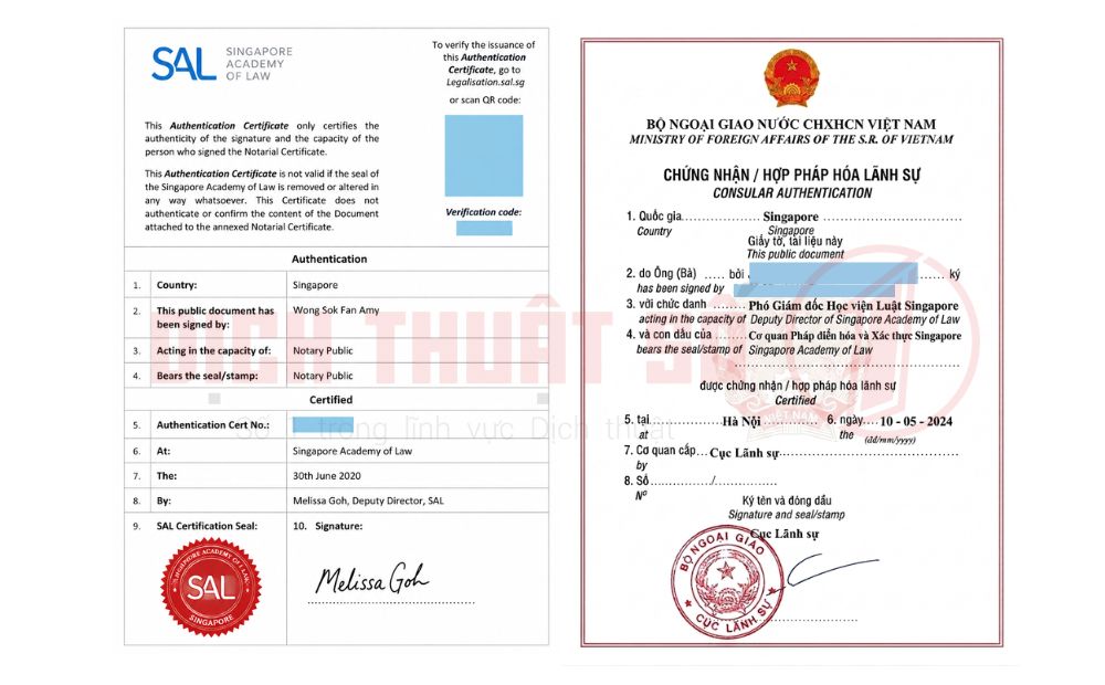 mẫu Hợp pháp hóa lãnh sự và chứng nhận lãnh sự Singapore