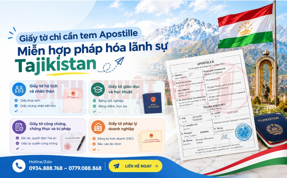 Giấy tờ áp dụng chứng nhận Apostille, miễn hợp pháp hóa lãnh sự Tajikistan