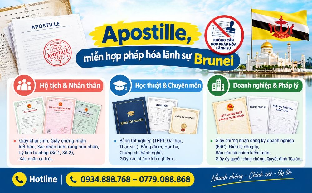 Giấy tờ chỉ cần Apostille, miễn hợp pháp hóa lãnh sự Brunei