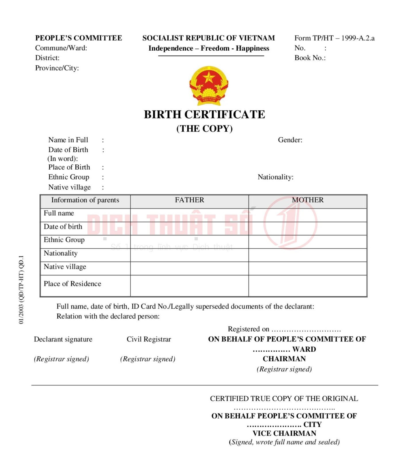 Bản dịch giấy khai sinh bằng tiếng Anh form TP/HT-1999-A