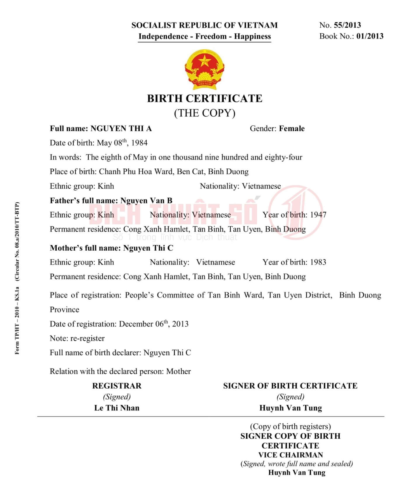 Mẫu dịch tiếng Anh giấy khai sinh Form TP/HT-2010-KS.1 bản sao